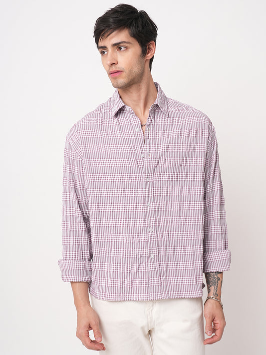 Lilac Seersucker Checks Boxy Fit Crop Shirt