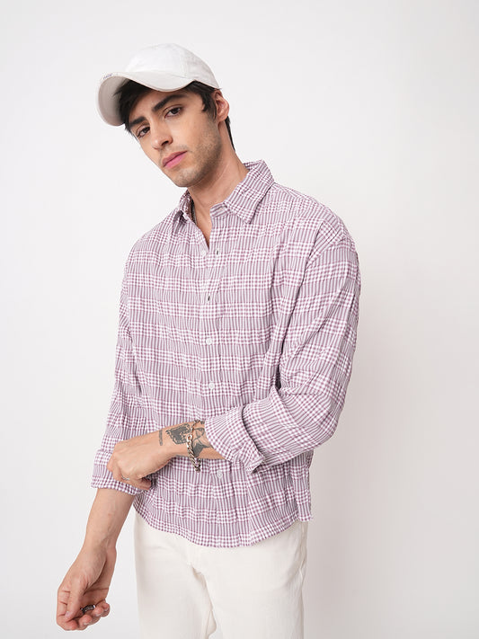 Lilac Seersucker Checks Boxy Fit Crop Shirt