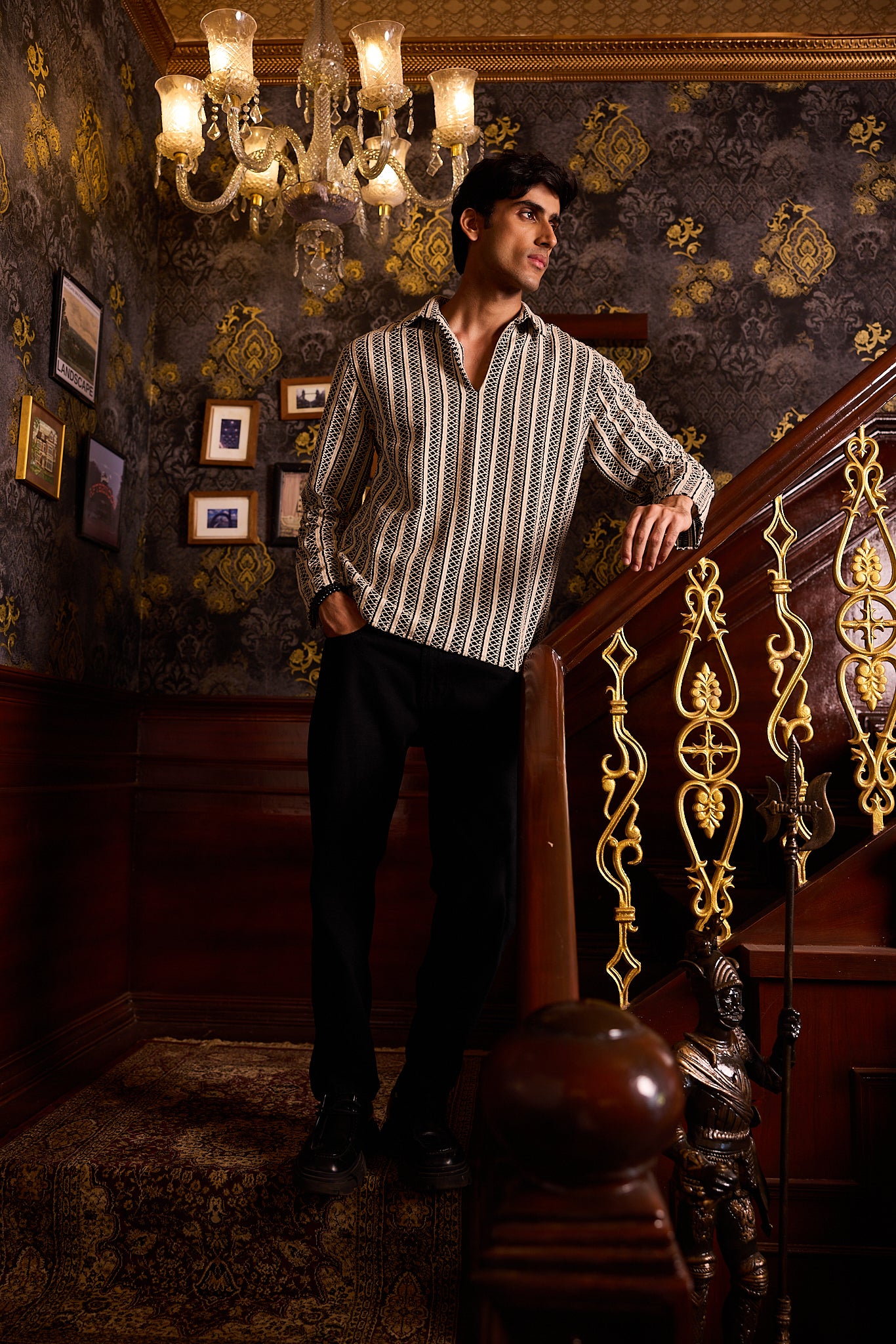 Monochrome Tribal Striped Crochet Oversized Polo Shirt