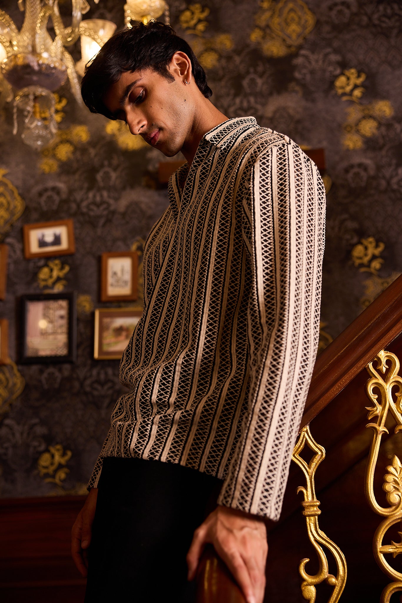 Monochrome Tribal Striped Crochet Oversized Polo Shirt