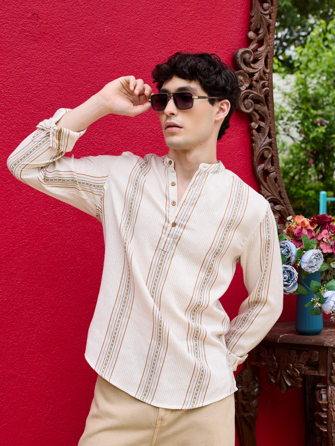 Cream Embroidered Striped Linen Kurta