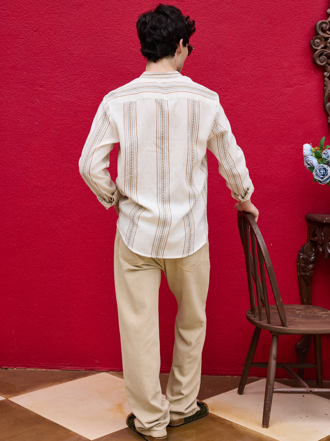 Cream Embroidered Striped Linen Kurta