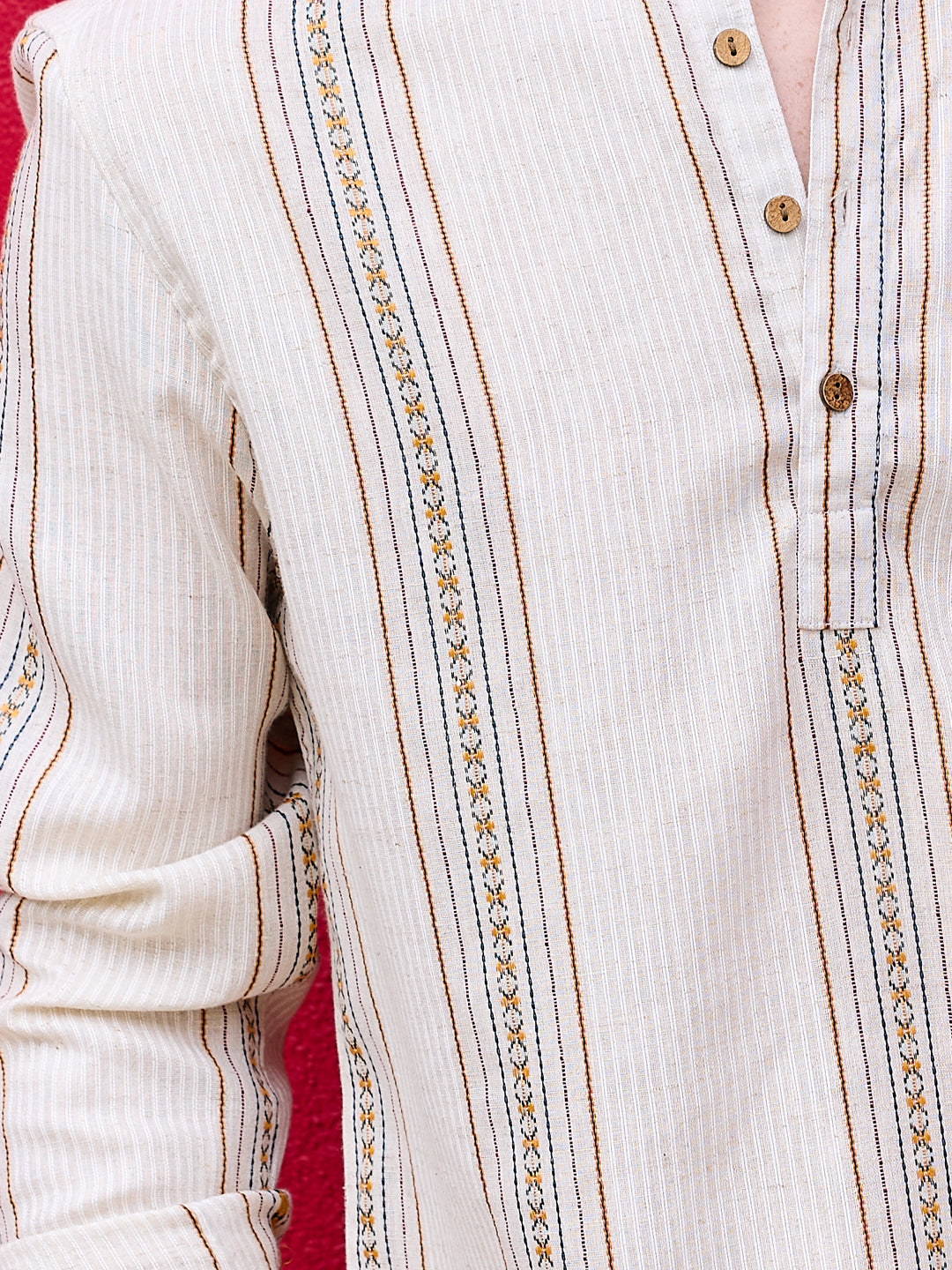 Cream Embroidered Striped Linen Kurta