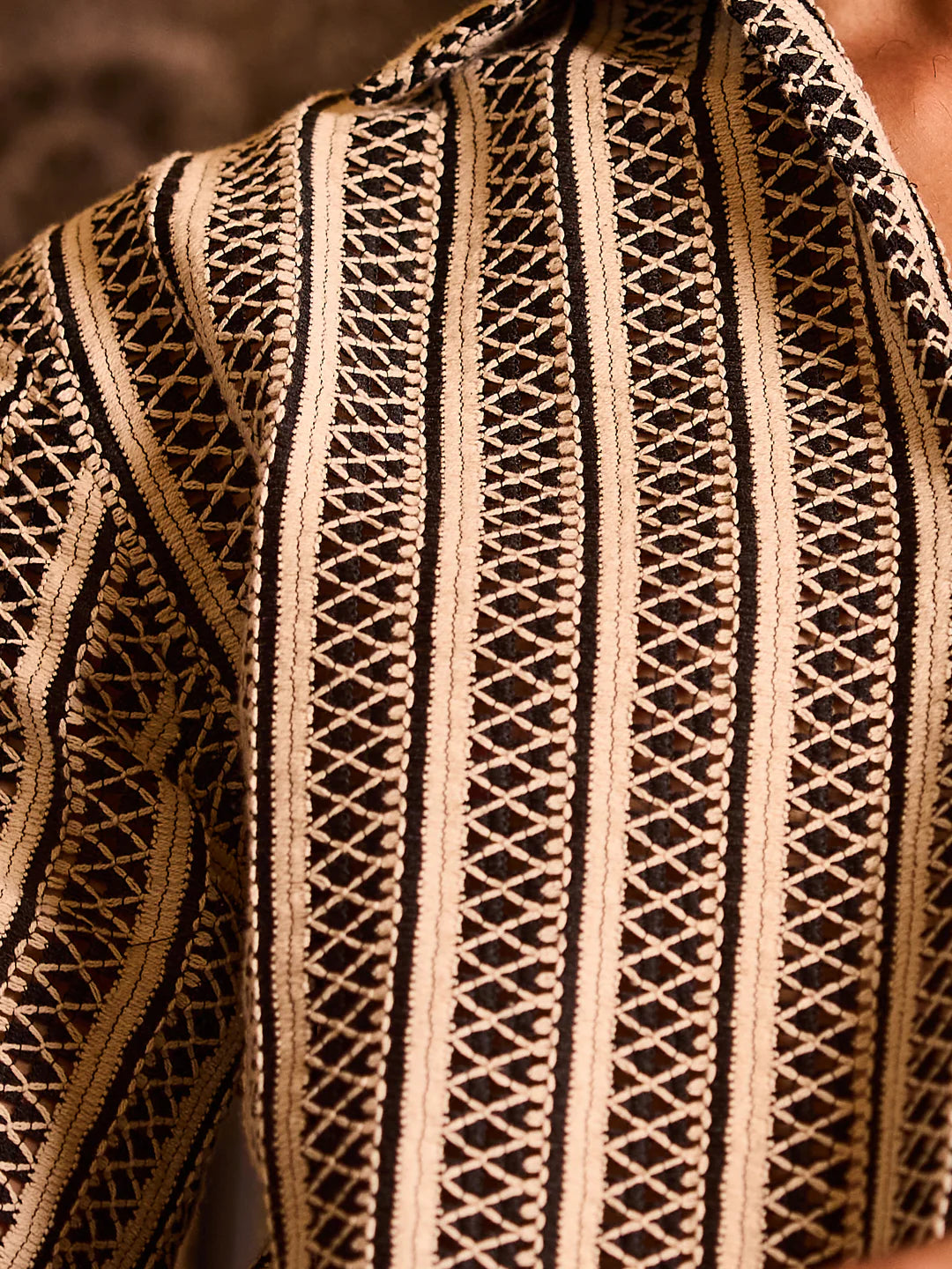 Monochrome Tribal Striped Crochet Oversized Polo Shirt