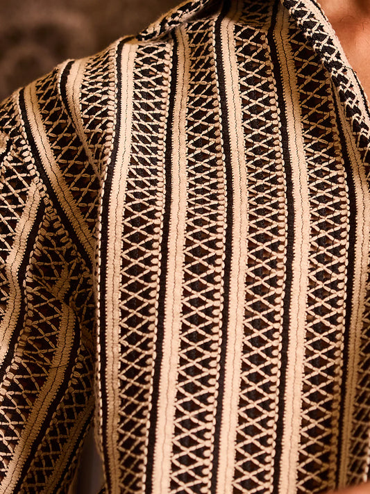 Monochrome Tribal Striped Crochet Oversized Polo Shirt