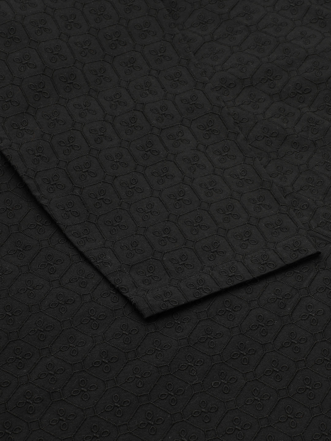 Black Petal Grid Embroidered Polo Neck Oversized Shirt