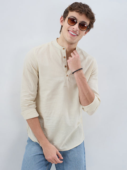 Cream Slub Textured Linen Blend Kurta
