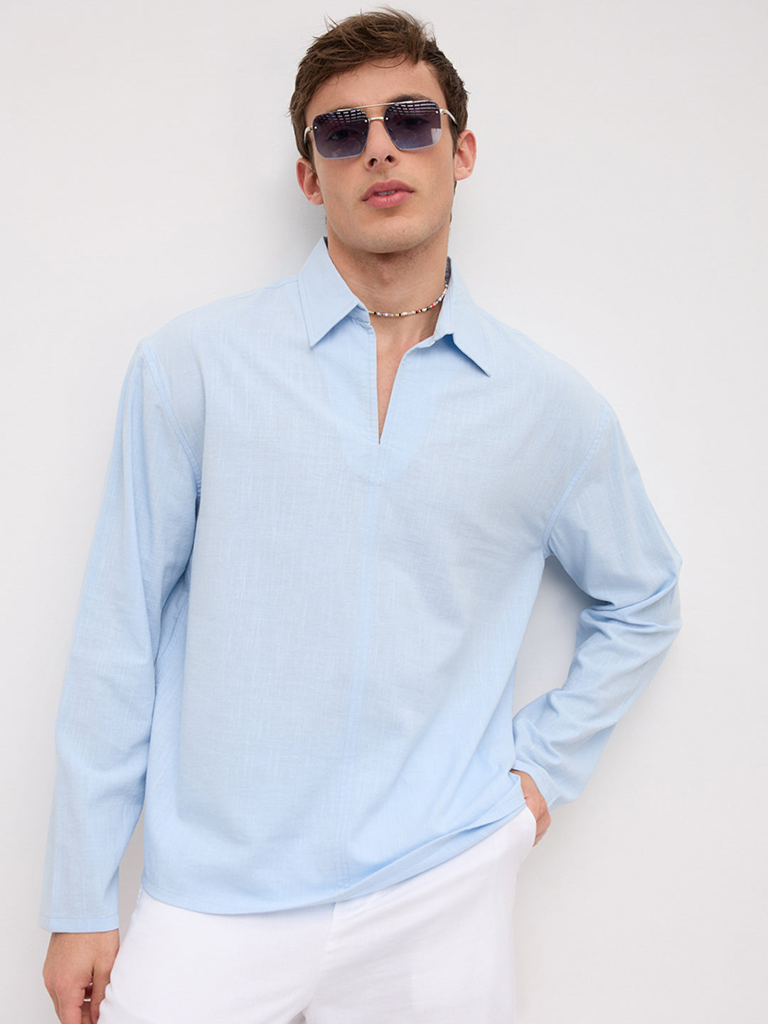 Refreshing Blue Slub Textured Center Seam Oversized Polo Shirt