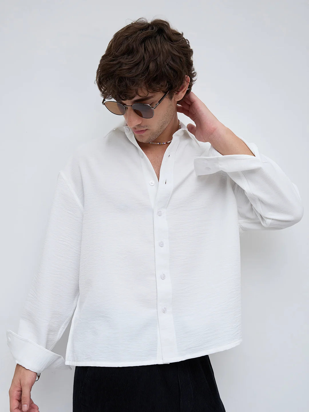 Snow White Crinkled Weave Boxy Fit Crop Shirt