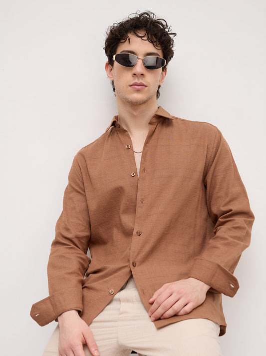 Russet Brown Crossgrain Micro Textured Shirt