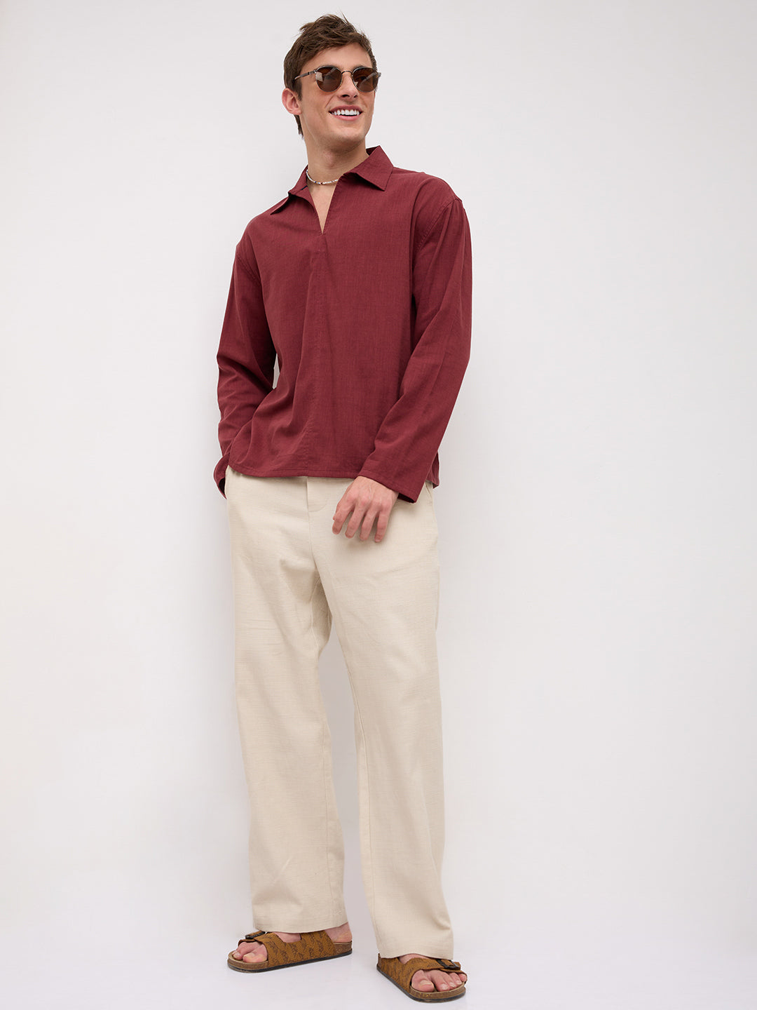 Maroon Slub Textured Center Seam Oversized Polo Shirt
