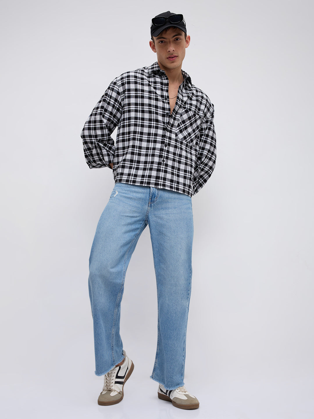 Timeless Monochrome Plaid Checks Cuffless Oversized Crop Shirt