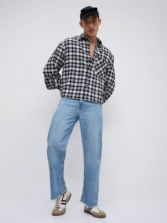 Timeless Monochrome Plaid Checks Cuffless Oversized Crop Shirt