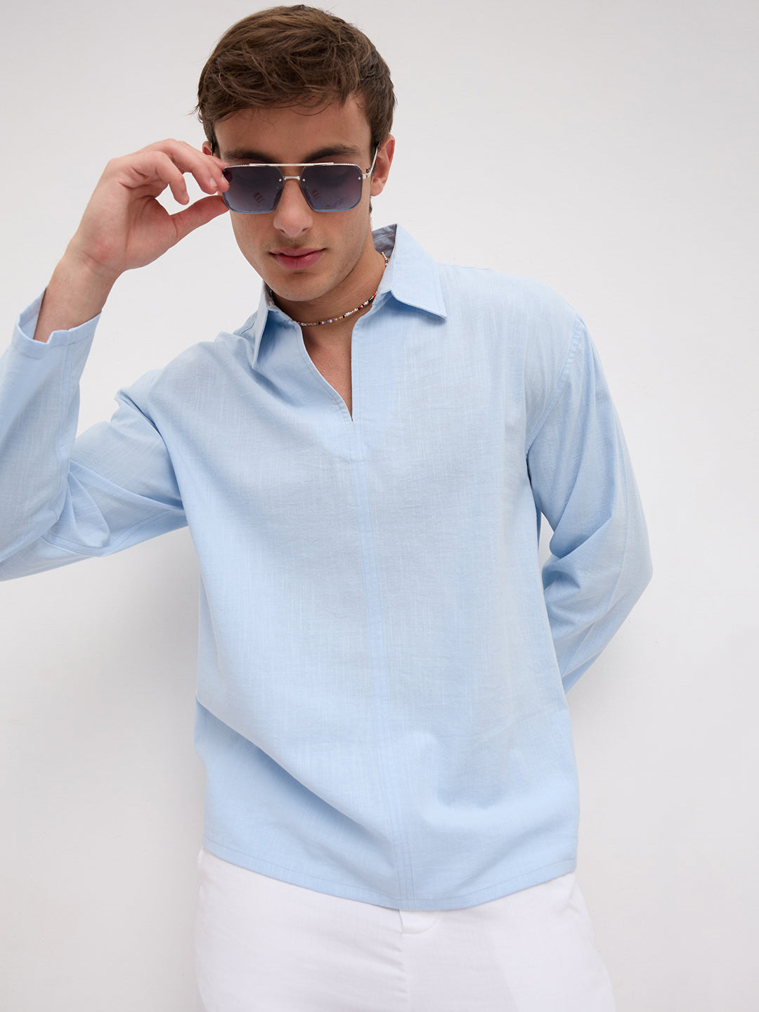 Refreshing Blue Slub Textured Center Seam Oversized Polo Shirt