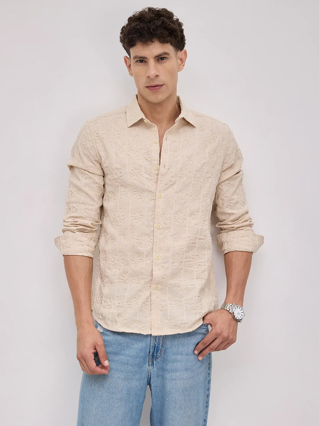 Serene Whispering Bloom Bisque Beige Embroidered Shirt