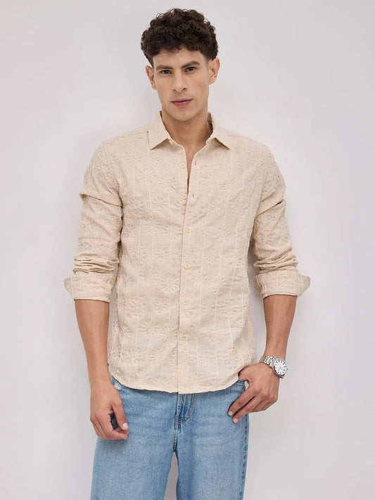Serene Whispering Bloom Bisque Beige Embroidered Shirt