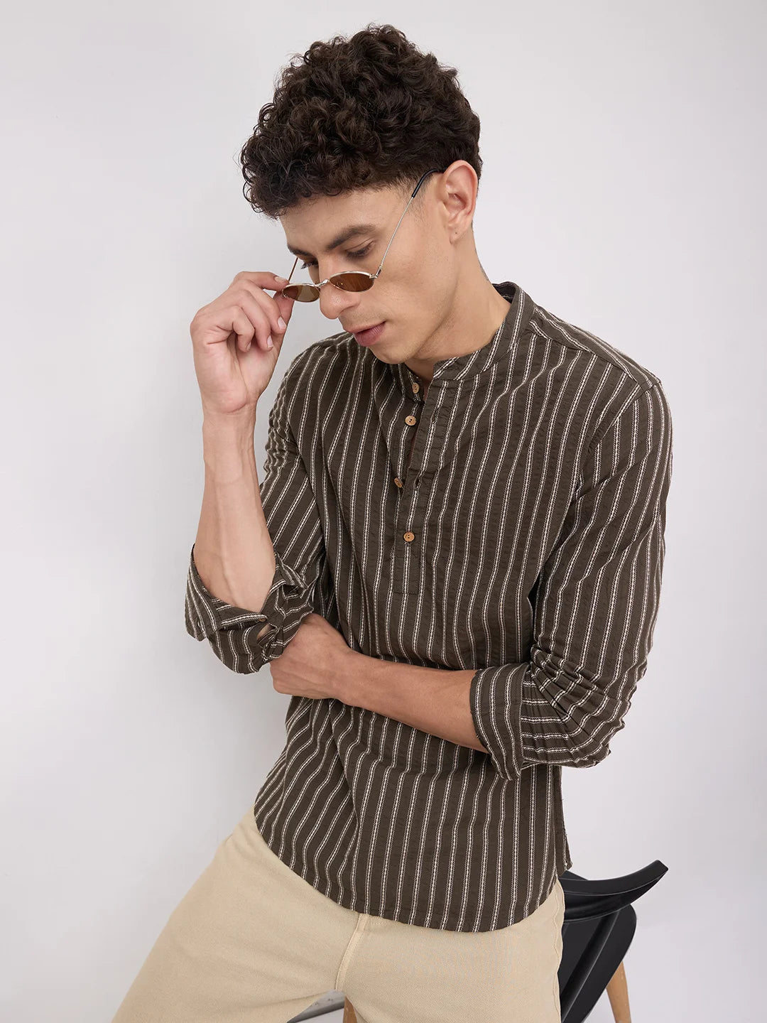 Elegant Olive Motif Striped Embroidered Kurta