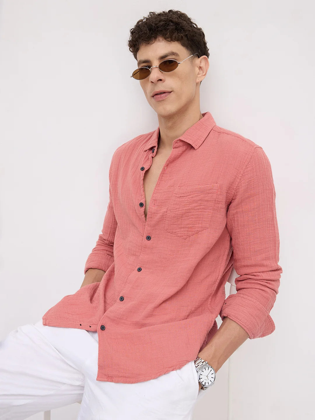 Dusty Coral Crinkled Double Cloth Shirt