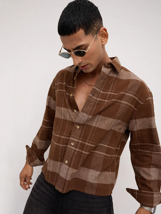 Brown & Beige Twill Checks Boxy Fit Crop Shirt