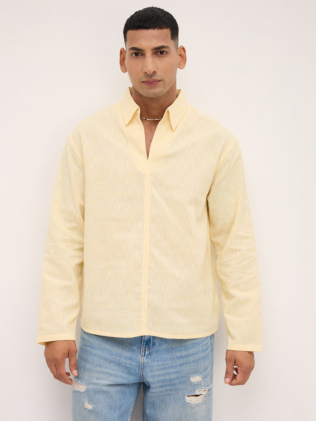 Dazzling Yellow Textured Center Seam Oversized Polo Shirt