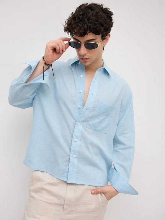 Sheer Blue Gingham Checks Boxy Fit Crop Shirt