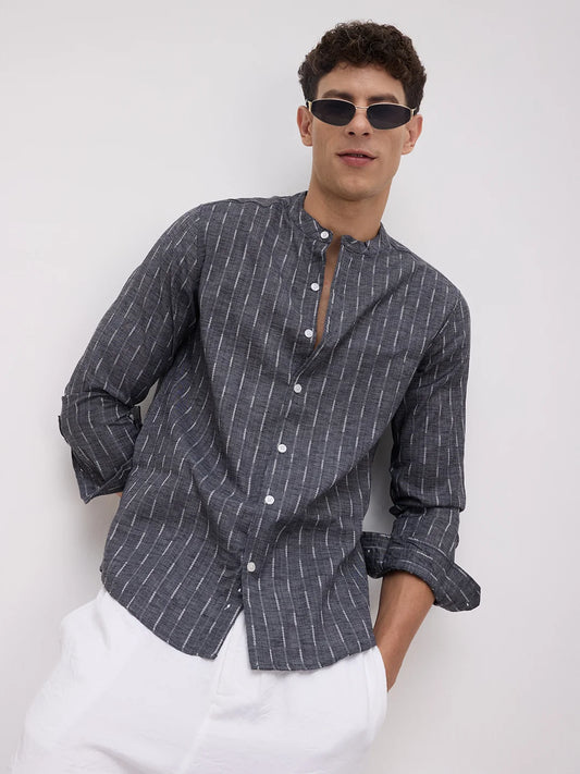 Charcoal Black Shadowweft Striped Mandarin Shirt