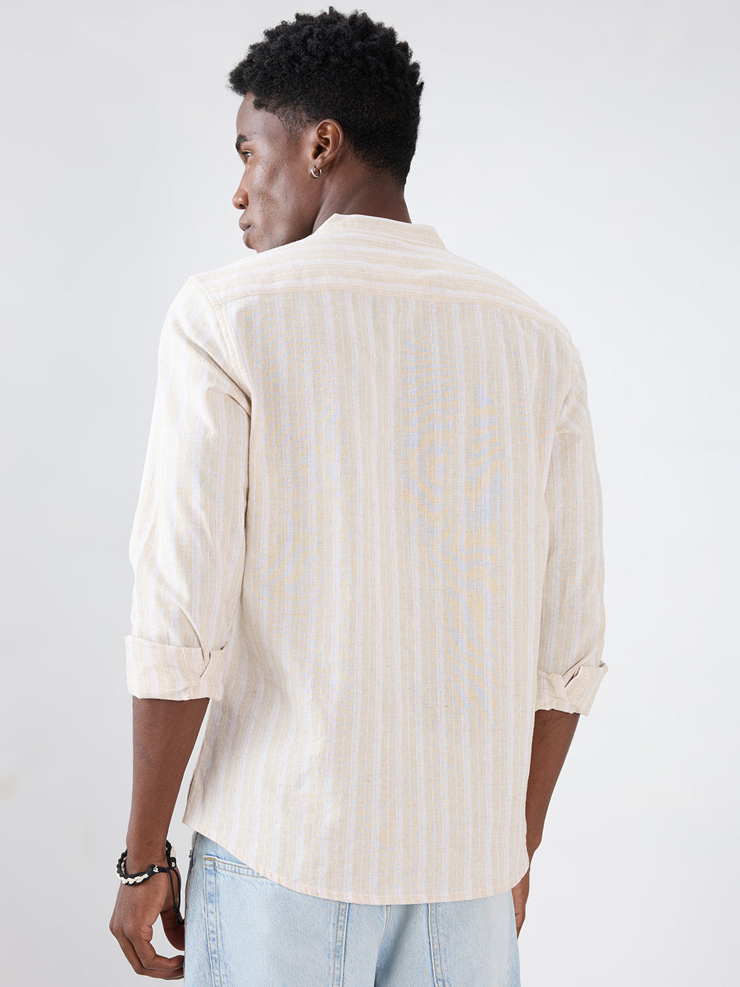Natural Beige Fiber Grain Striped Weave Linen Blend Kurta
