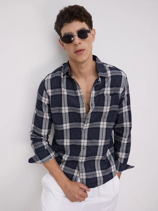 Graphite Blue Contrast Stitch Multi-Stripe Shirt