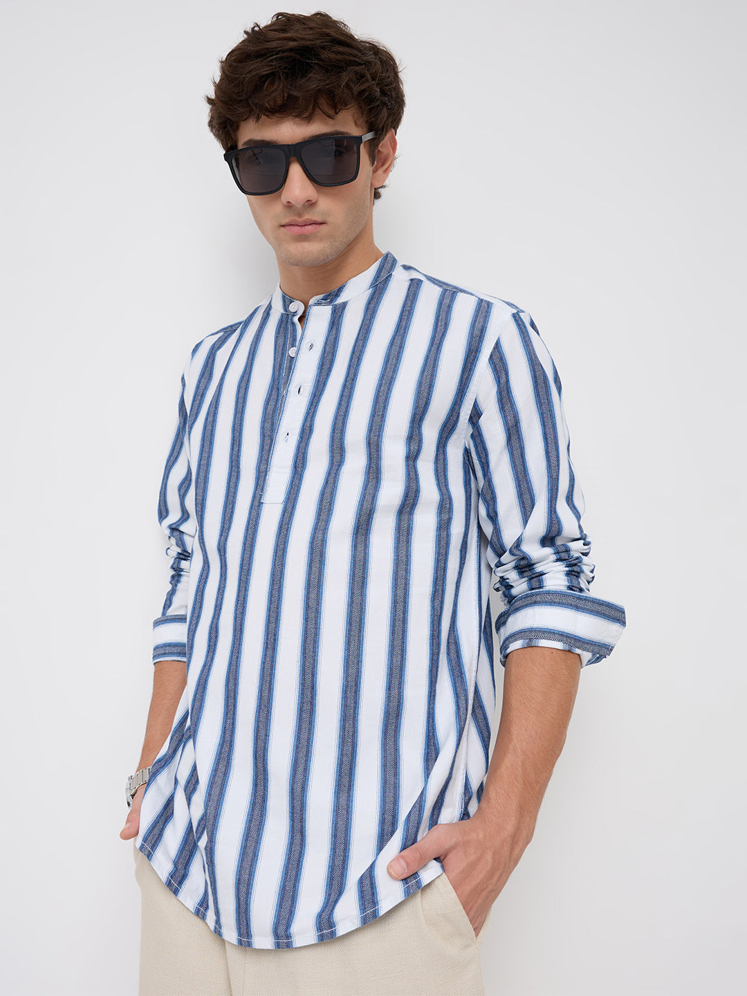 Coastal Denim Rhythm Loom Multi-Striped Kurta