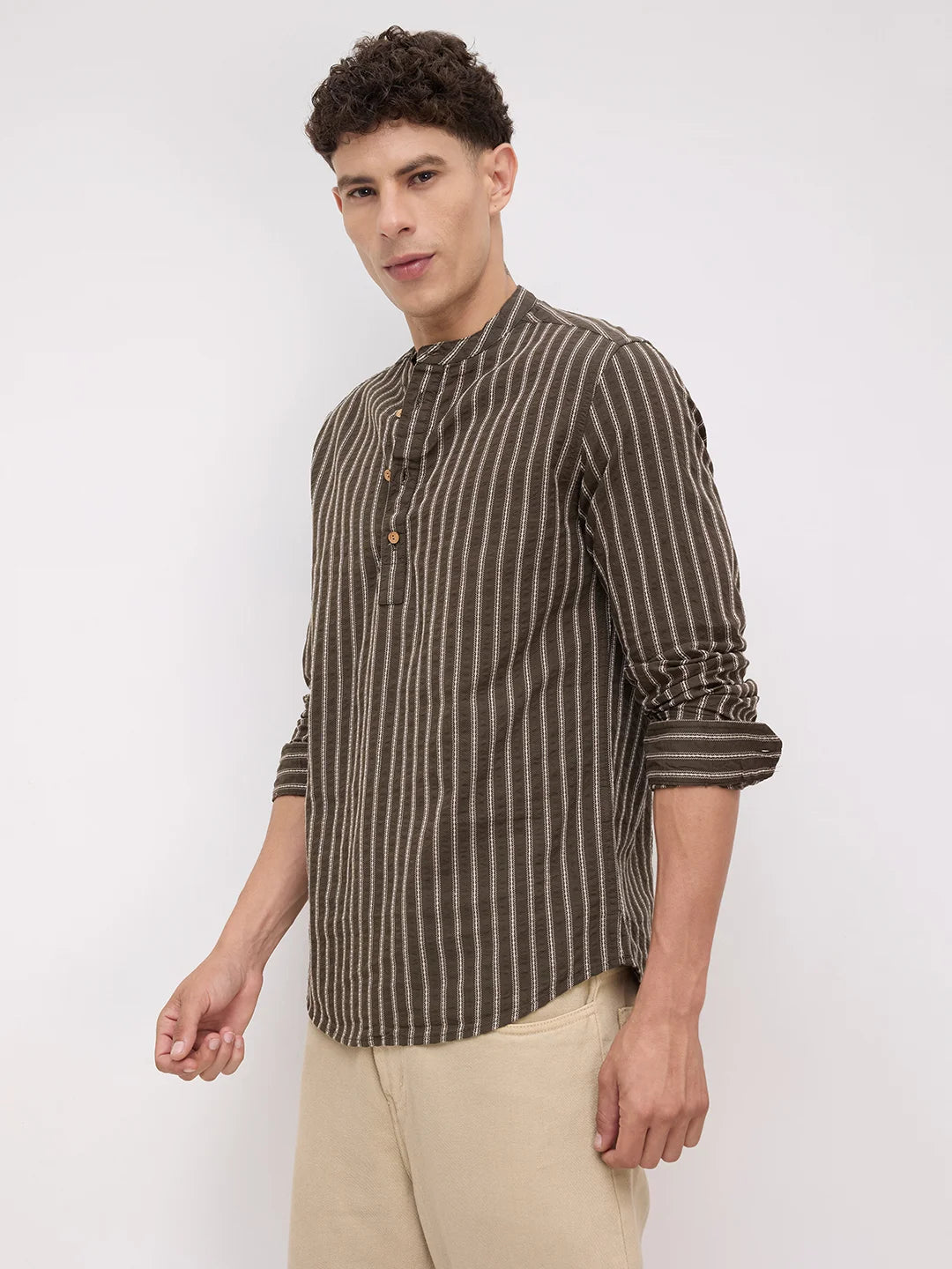 Elegant Olive Motif Striped Embroidered Kurta