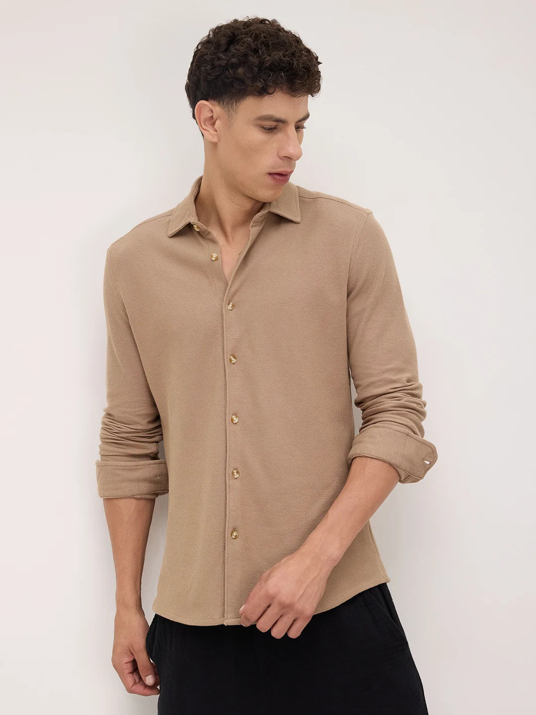 Natural Khaki Soft Weave Knit Shirt