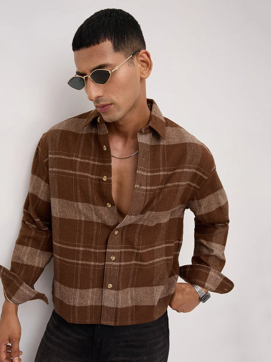 Brown & Beige Twill Checks Boxy Fit Crop Shirt