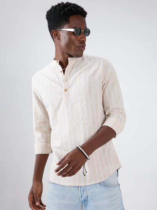 Natural Beige Fiber Grain Striped Weave Linen Blend Kurta