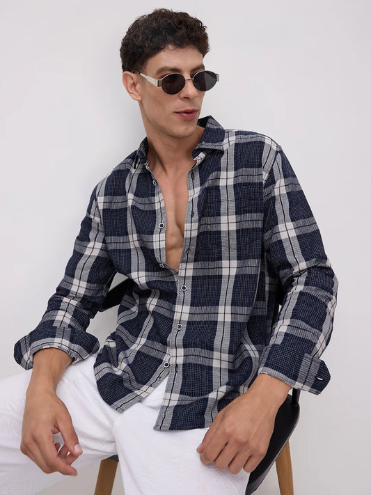 Graphite Blue Contrast Stitch Multi-Stripe Shirt