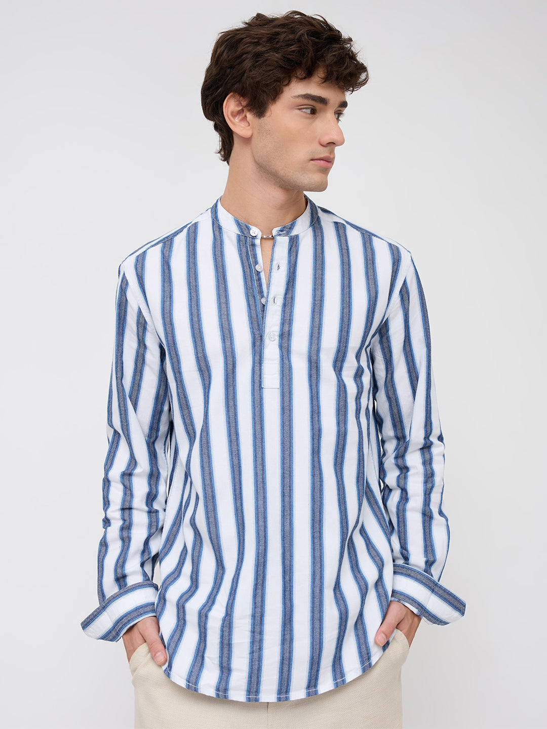 Coastal Denim Rhythm Loom Multi-Striped Kurta