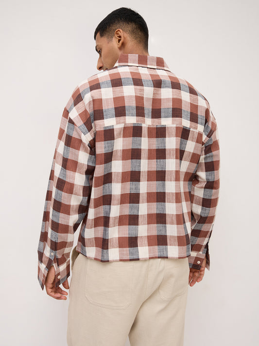 Elevated Maroon Block Checks Twin Pocket Boxy Fit Crop Shirt