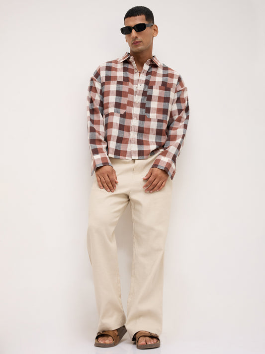 Elevated Maroon Block Checks Twin Pocket Boxy Fit Crop Shirt