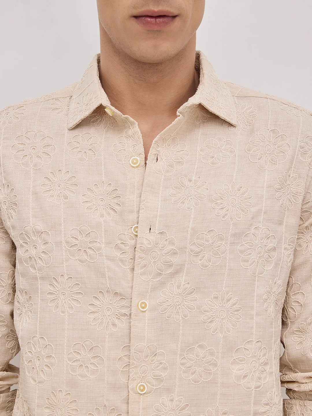 Serene Whispering Bloom Bisque Beige Embroidered Shirt