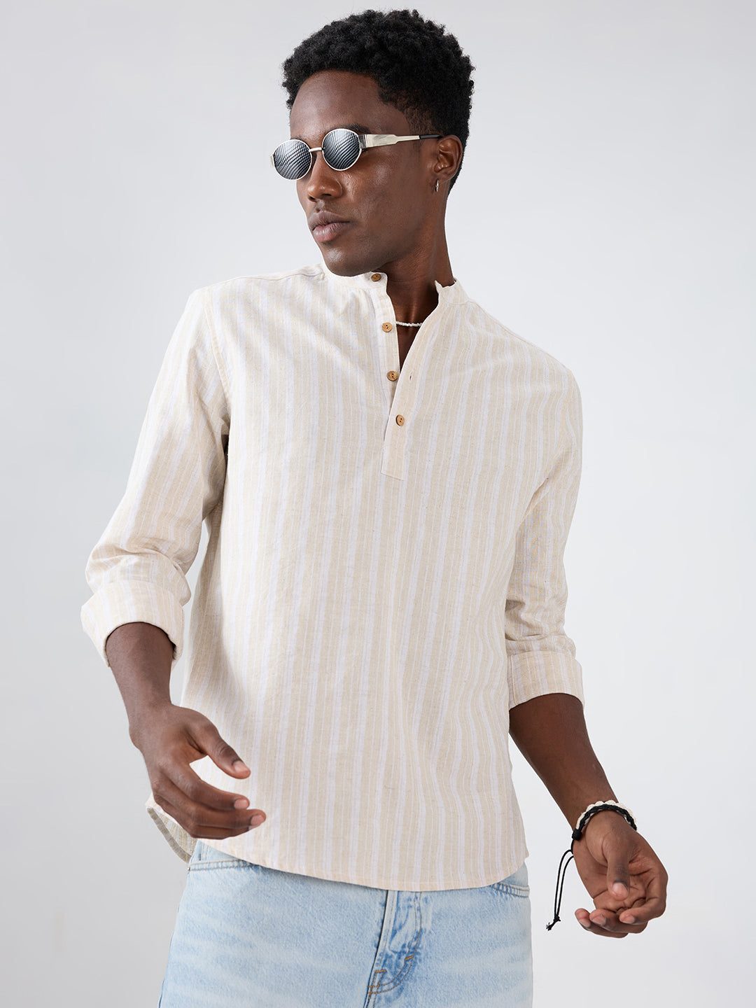Natural Beige Fiber Grain Striped Weave Linen Blend Kurta