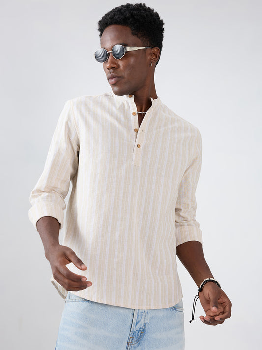Natural Beige Fiber Grain Striped Weave Linen Blend Kurta