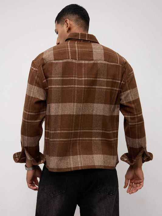 Brown & Beige Twill Checks Boxy Fit Crop Shirt