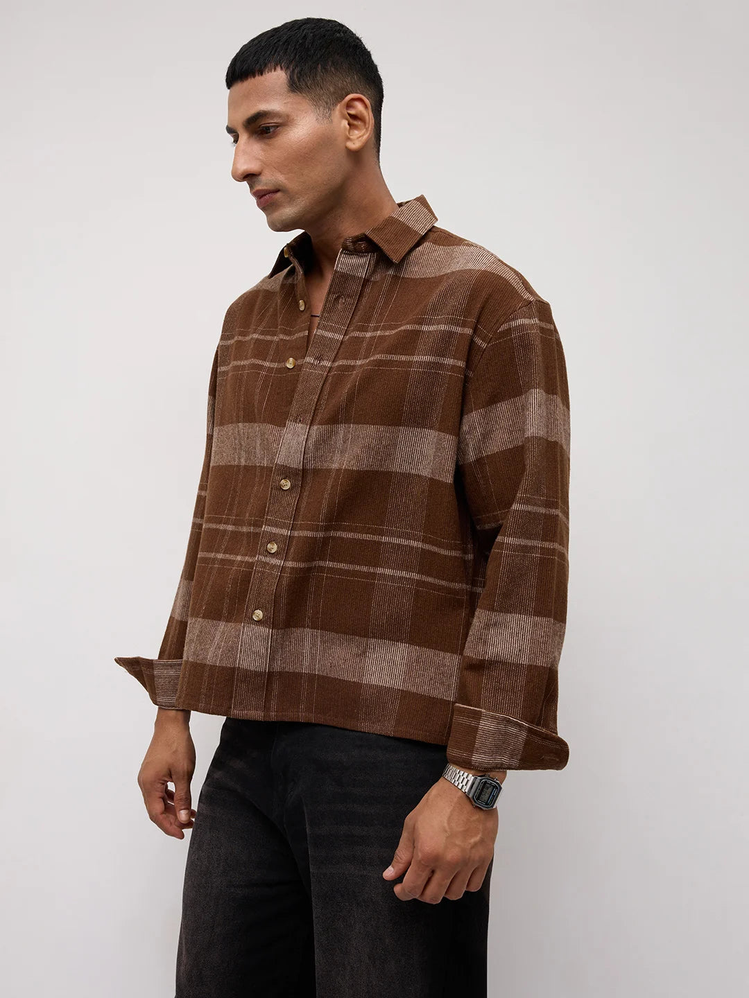 Brown & Beige Twill Checks Boxy Fit Crop Shirt
