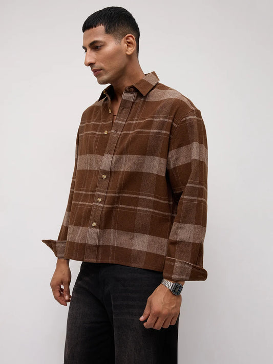 Brown & Beige Twill Checks Boxy Fit Crop Shirt