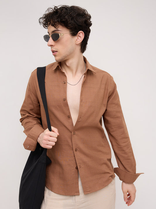 Russet Brown Crossgrain Micro Textured Shirt