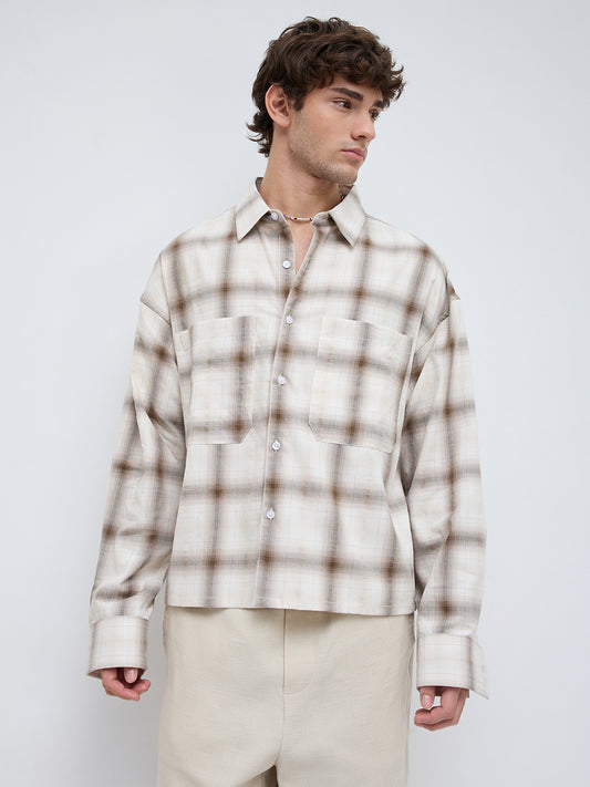 Beige & Brown Twin Pocket Boxy Fit Crop Shirt