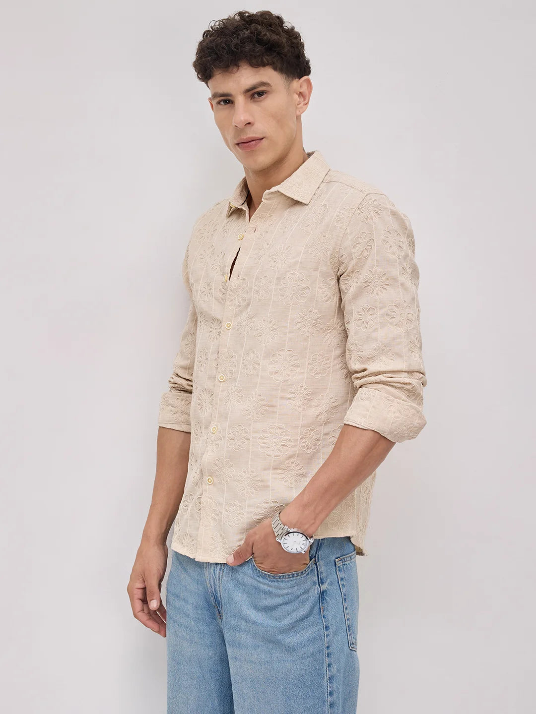 Serene Whispering Bloom Bisque Beige Embroidered Shirt