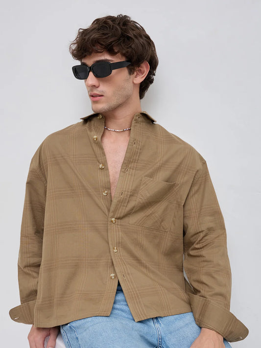  Brown Plaid Checks Boxy Fit Crop Shirt