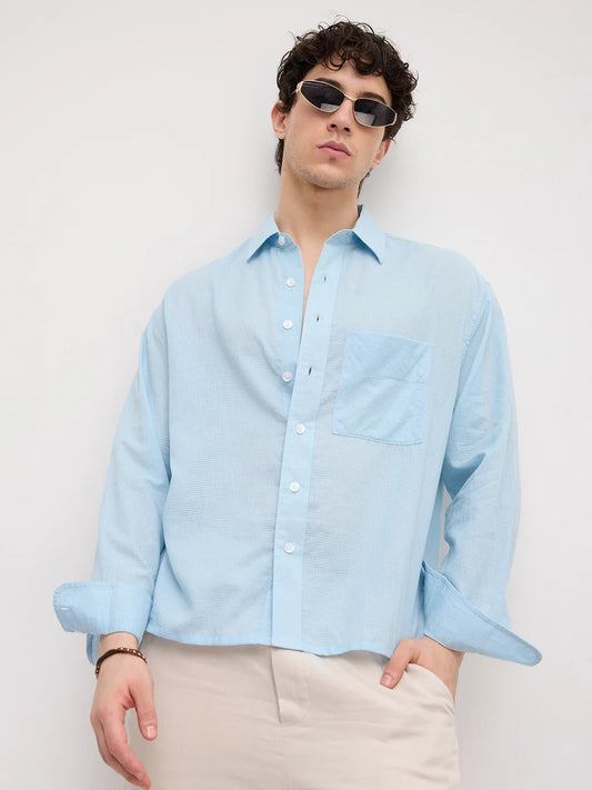 Sheer Blue Gingham Checks Boxy Fit Crop Shirt