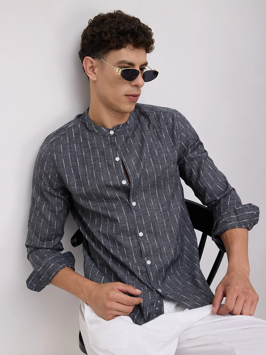 Charcoal Black Shadowweft Striped Mandarin Shirt