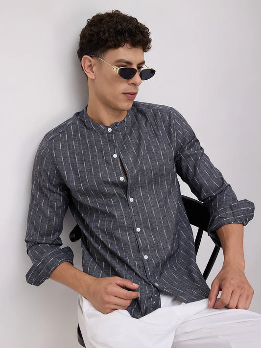 Charcoal Black Shadowweft Striped Mandarin Shirt